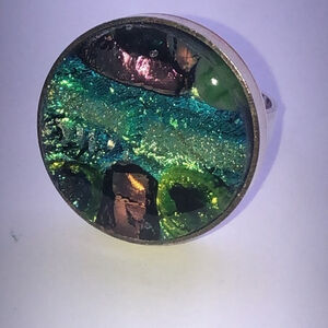 Vintage Adjustable 3D Green Blue Shimmer Glass Boho Ring